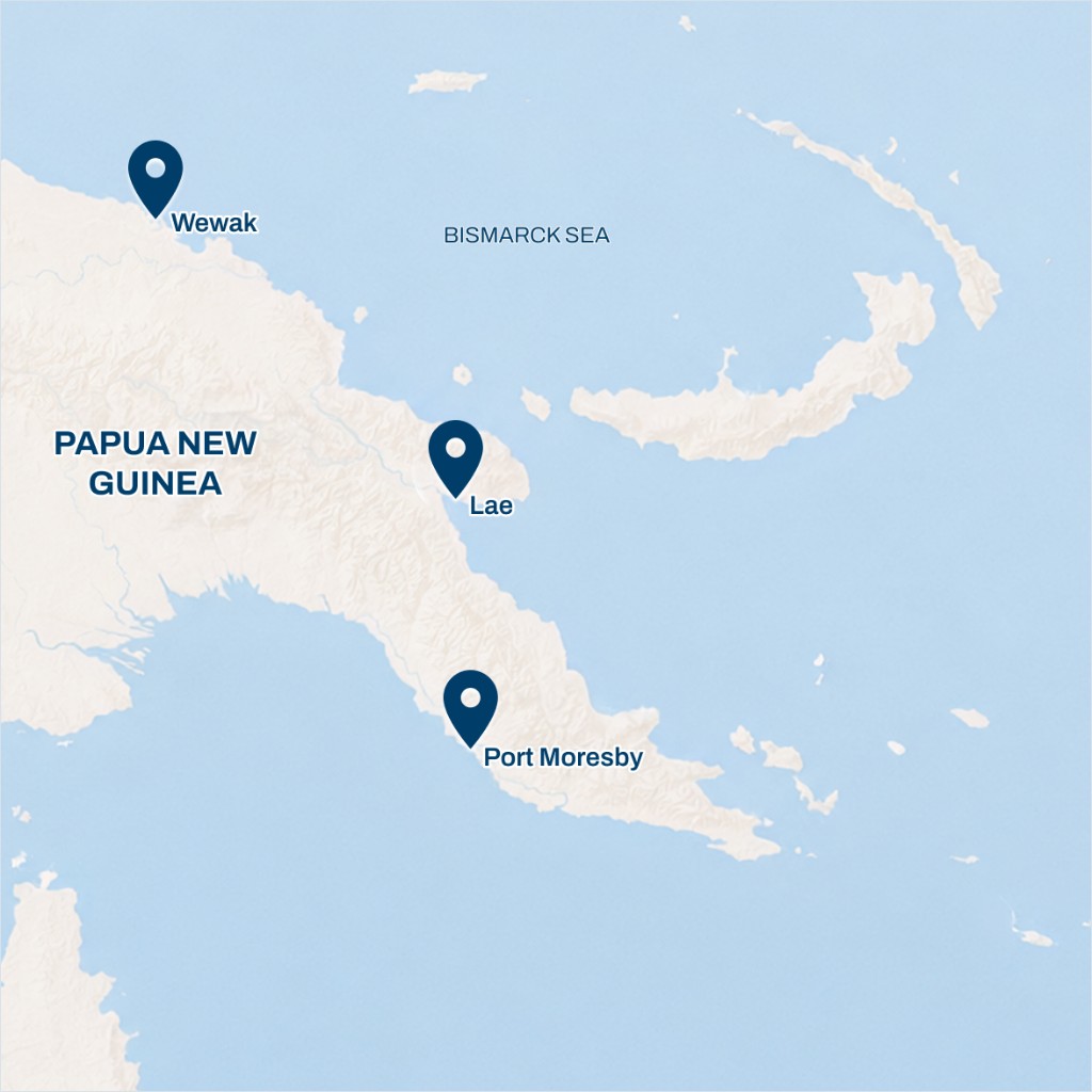Map of Papua New Guinea showing exercise locations at Wewak, Lae, and Port Moresby