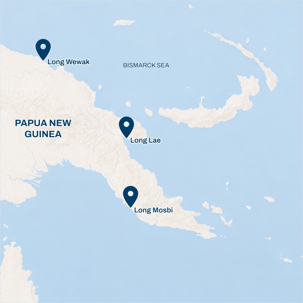 Map bilong Papua New Guinea i soim ol hap ples bilong eksisais long Wewak, Lae, na Mosbi