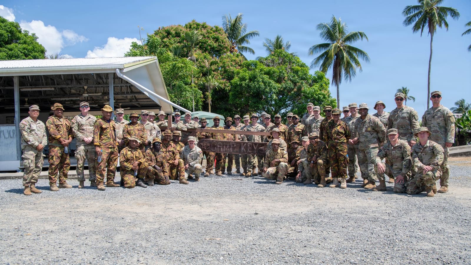 Wisconsin Army National Guard and Papua New Guinea Defence Force soldiers pose for a group photo at Moem Barracks in Wewak during Exercise Tamiok Strike 2026